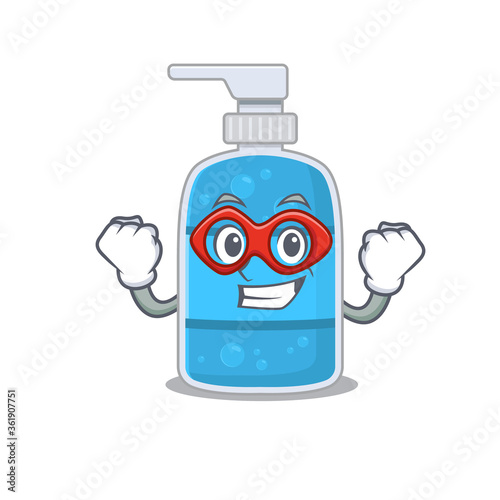 A cartoon drawing of hand wash gel in a Super hero character