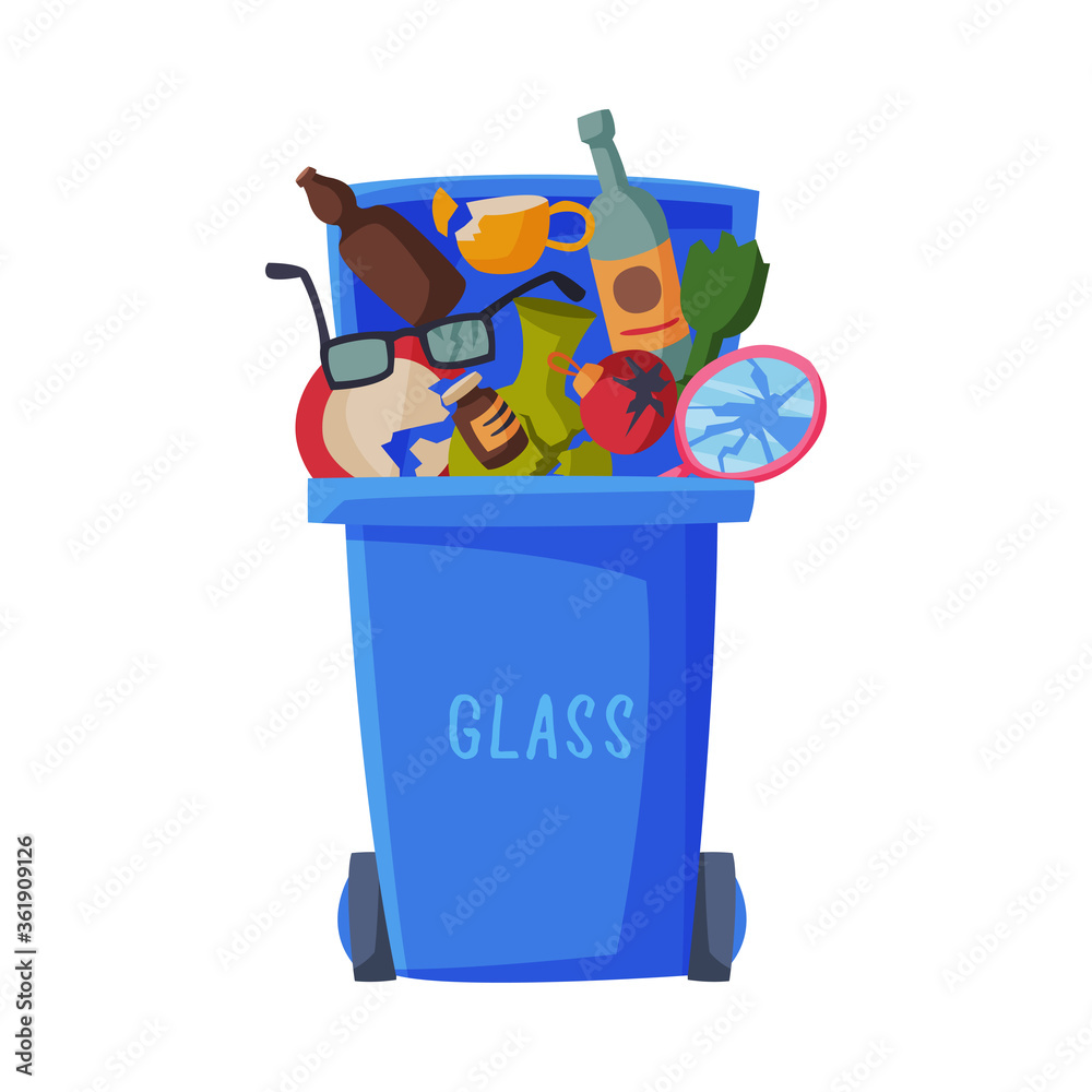 Waste Sorting, Blue Trash Can with Glass Sorted Garbage, Segregation