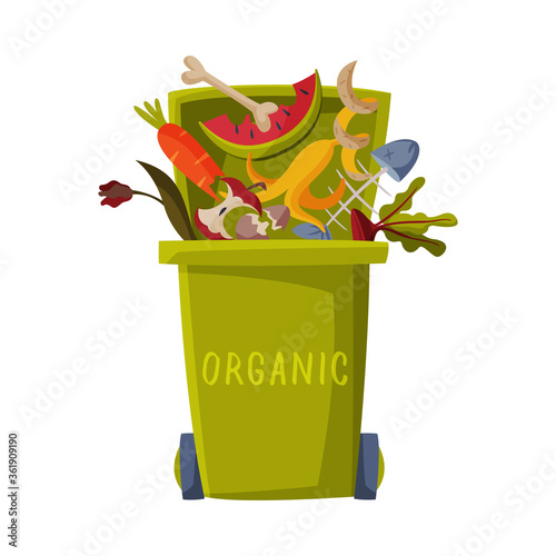Waste Sorting, Green Trash Can with Sorted Organic Garbage, Segregation and Separation Rubbish Disposal Refuse Bin Vector Illustration