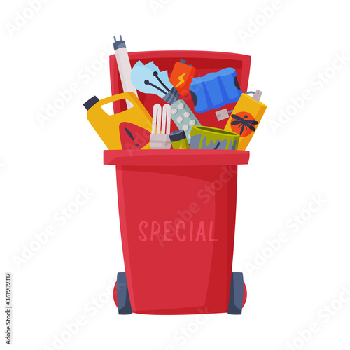 Waste Sorting, Red Trash Can with Red Sorted Garbage, Segregation and Separation Rubbish Disposal Refuse Bin Vector Illustration