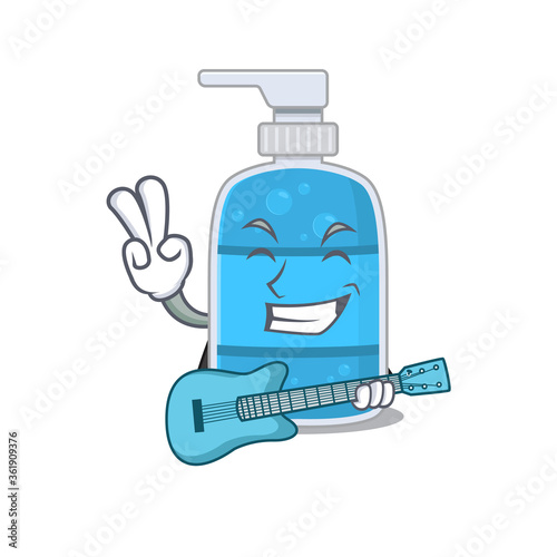 brilliant musician of hand wash gel cartoon design playing music with a guitar