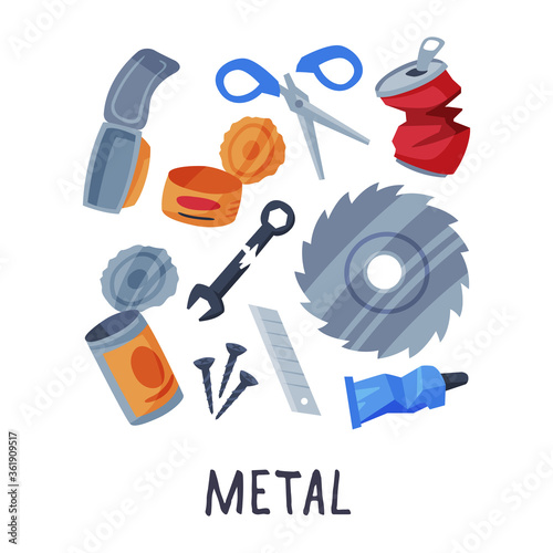 Metal Waste Sorting, Segregation and Separation of Garbage Vector Illustration on White Background