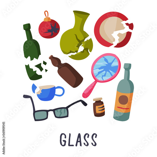 Glass Waste Sorting, Segregation and Separation of Garbage Vector Illustration on White Background