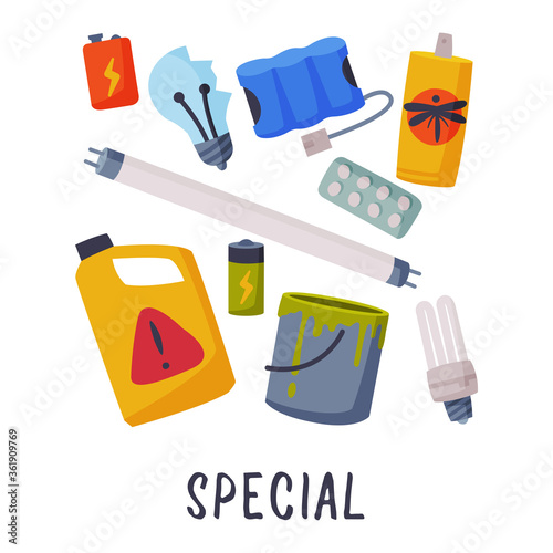 Special Waste Sorting, Segregation and Separation of Garbage Vector Illustration on White Background
