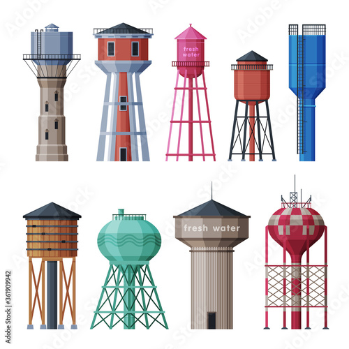 Water Tower Industrial Constructions Collection, Countryside Life Objects Flat Vector Illustration on White Background
