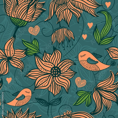 Vector colorful pattern with birds and flowers  retro style  floral backdrop. Spring  summer flower design for web  wrapping paper  cover  textile  fabric  wallpaper