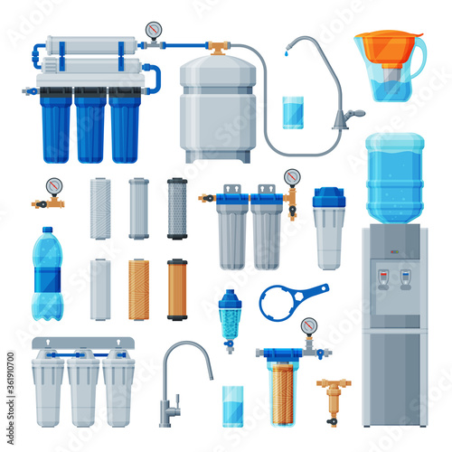 Water Filters Collection, Equipment for Water Cleaning, Special Modern Technologies for Purification Vector Illustration