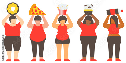 Fat woman and junk food. Diversity fat woman.