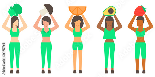 Healthy woman and Healthy food. Diversity healthy woman.