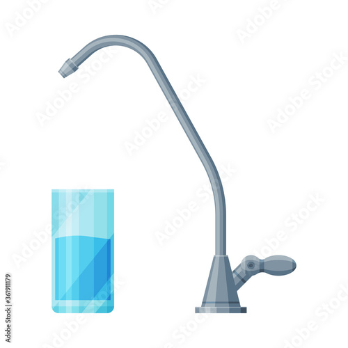 Faucet and Glass of Clean Water, Stainless Steel Kitchen Faucet Vector Illustration on White Background