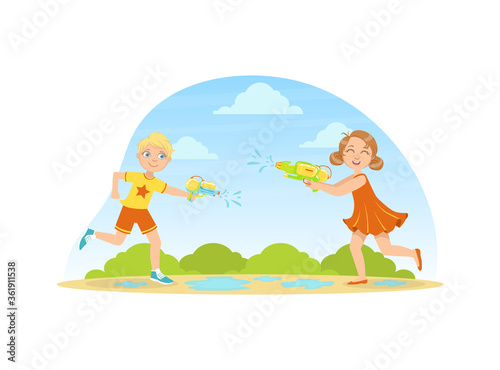 Cute Happy Boy and Girl Playing with Water Guns Outdoors Vector Illustration
