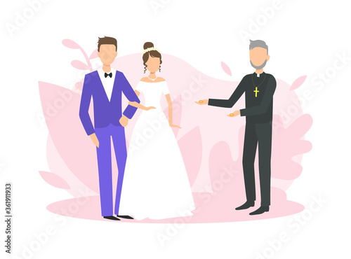Religious Wedding Ceremony, Couple of Newlyweds and Priest Officiating Wedding Ceremony Flat Vector Illustration