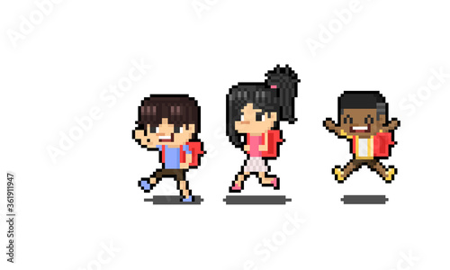 Pixel art cartoon happy children character with red backpack.