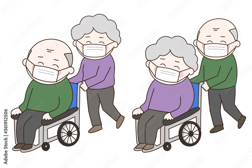 Smiling elderly couple with a medical face mask in a wheelchair. Vector illustration isolated on white background.