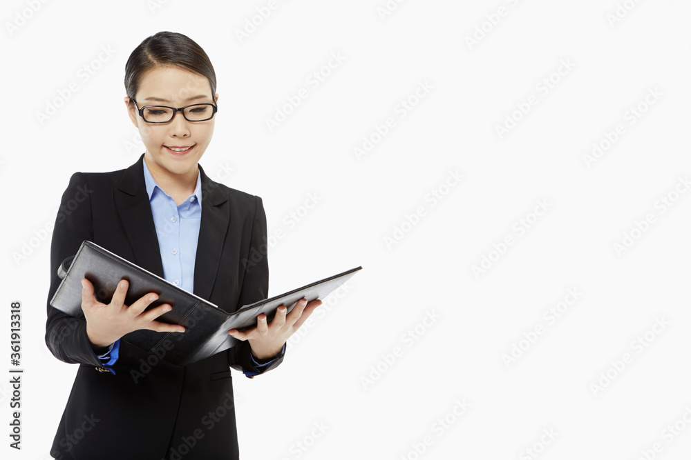 Businesswoman reading notes from a folder Businesswoman reading notes from a folder
