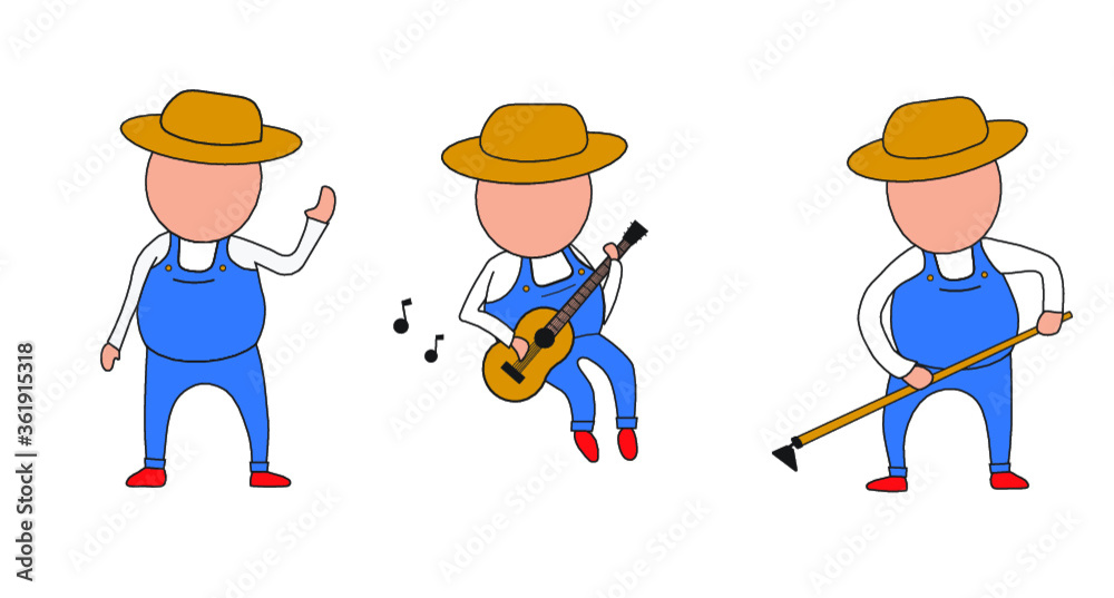 vector farmer man trio pose pack with guitar and hoe, farm vector farmer man trio pose pack with guitar and hoe, farm