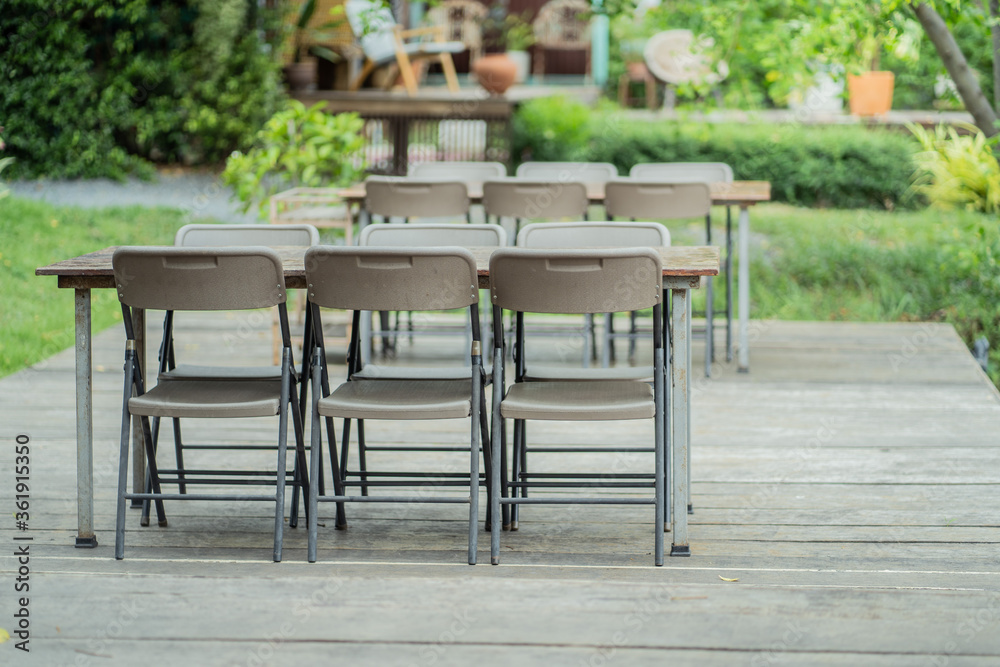 Wooden dining table by the river