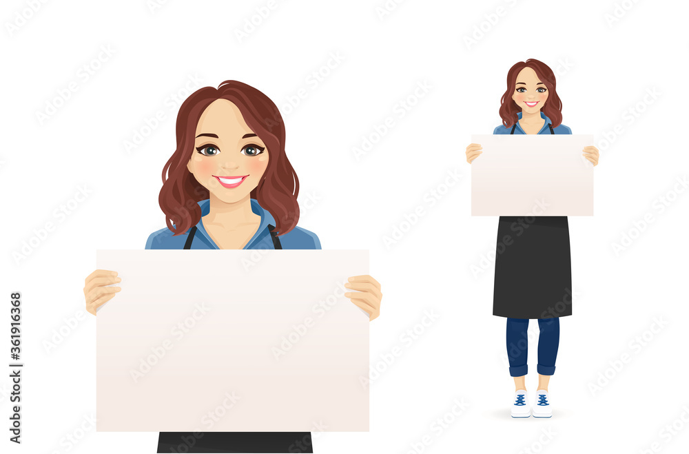 Smiling woman in apron holding empty blank board isolated vector illustration Smiling woman in apron holding empty blank board isolated vector illustration
