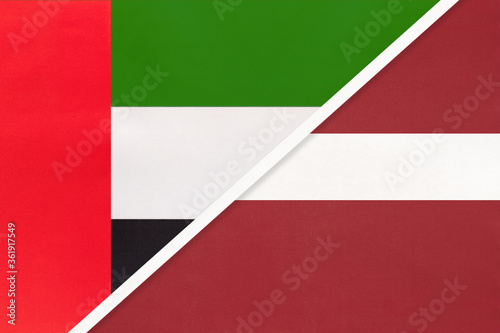 United Arab Emirates or UAE and Latvia, symbol of national flags from textile. Championship between two countries.