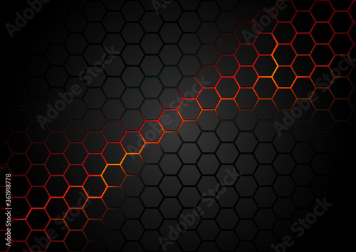 Black Hexagonal Pattern on Red Magma Background - Abstract Illustration with Glowing Effects, Vector