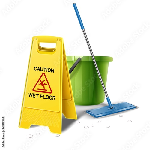 3d realistic vector icon illustration of wet floor caution yellow sign with bucket of water and mop.