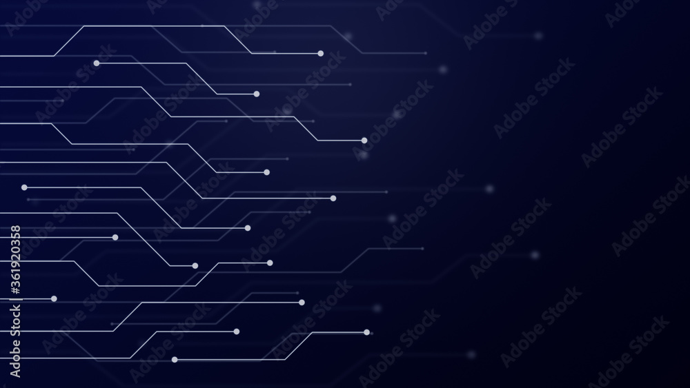 Abstract futuristic circuit board or blockchain network concept illustration. Electronics, technology or computer connection concept blue background in 4k resolution.