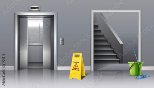 3d realistic vector background of cleaning in progress lift hall and staircase with yellow sign caution wet and bucket of water with a mop.