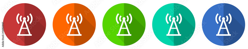 Antenna, signal icon set, red, blue, green and orange flat design web buttons isolated on white background, vector illustration Antenna, signal icon set, red, blue, green and orange flat design web buttons isolated on white background, vector illustration