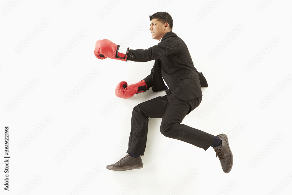 Businessman with boxing gloves posing on the floor