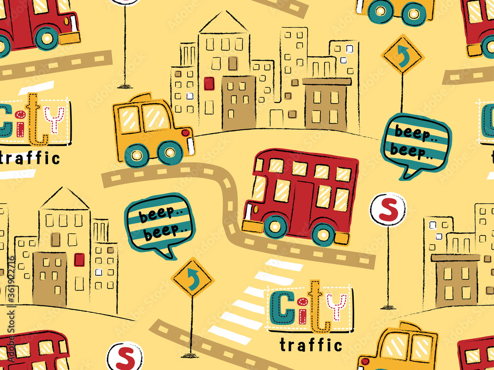 seamless pattern of vehicles in city road with buildings seamless pattern of vehicles in city road with buildings