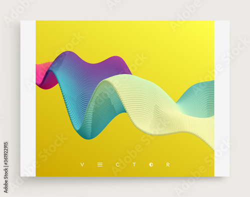 3D wavy background. Array with dynamic emitted particles. A wave formed from many spheres. Abstract vector illustration. Design template. Modern pattern.