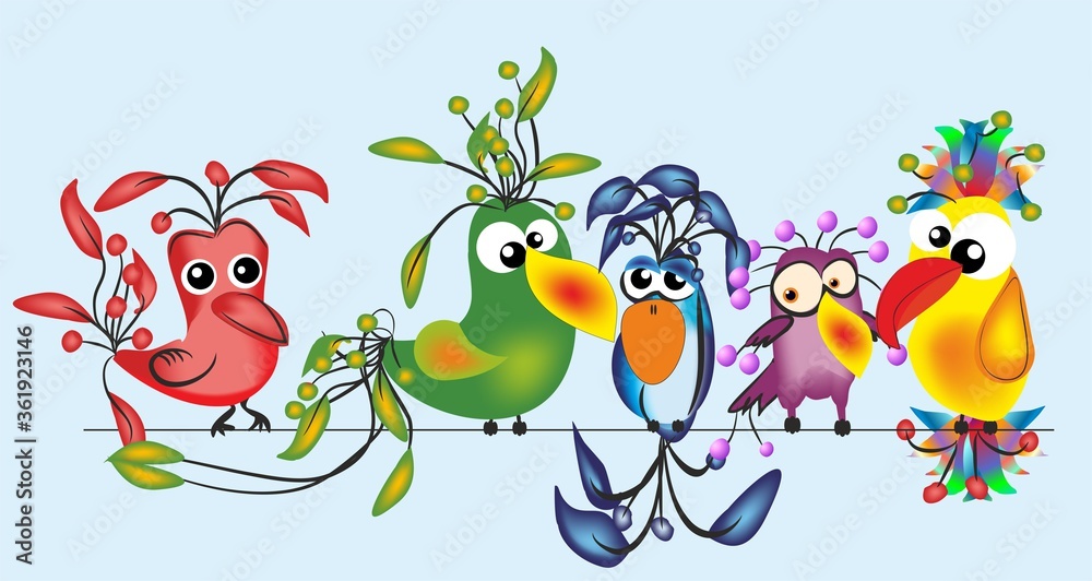 composition with colorful birds that have decorative tails and plumes