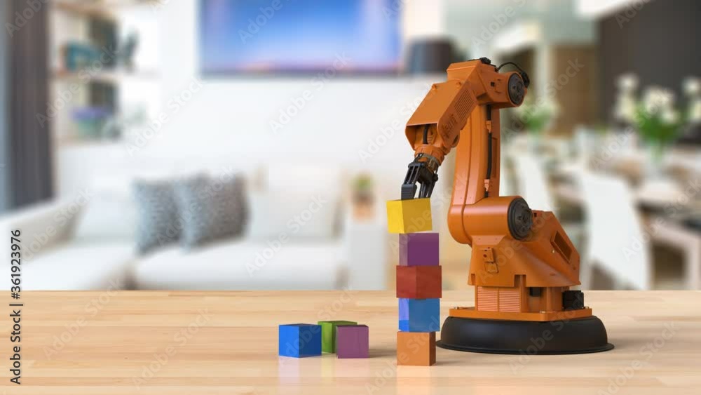 3d rendering robotic arm arrange toy blocks in house 4k animation
