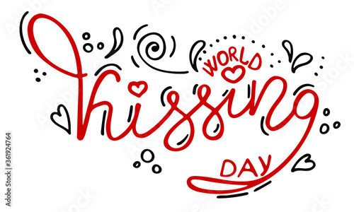 Holiday lettering - World Kissing Day. Hand-drawn style. Stock illustration. White background, isolate.