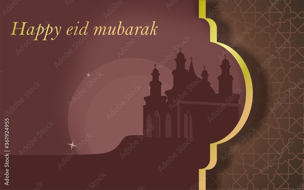 ramadan kareem and happy eid mubarak vector greeting card with mosque and hill view