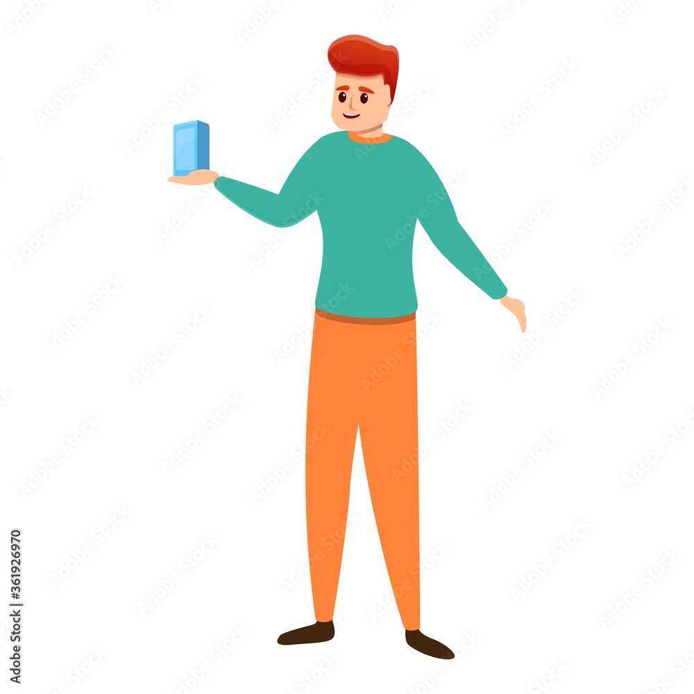 Shop assistant show smartphone icon. Cartoon of shop assistant show smartphone vector icon for web design isolated on white background Shop assistant show smartphone icon. Cartoon of shop assistant show smartphone vector icon for web design isolated on white background