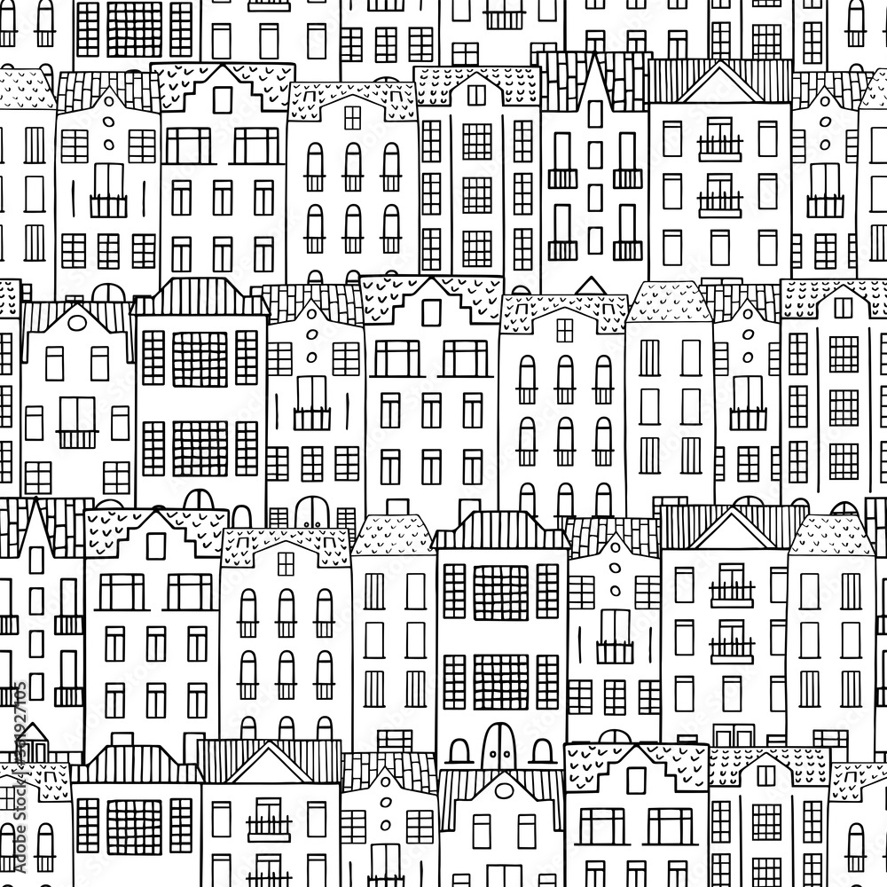 Seamless pattern with hand drawn doodle houses. City houses background.   