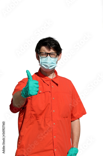 man with shirt and lattex protective gloves and surgical mask ma