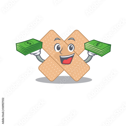 A wealthy cross bandage cartoon character having much money on hands