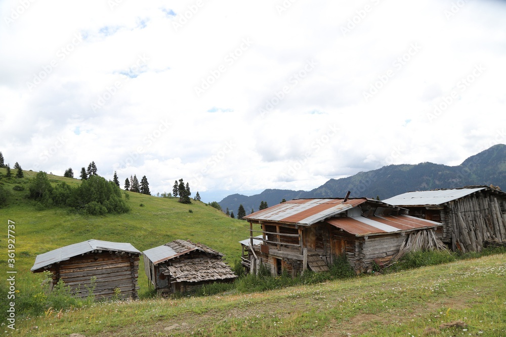 wooden highland houses in mountain village.artvin/turkey