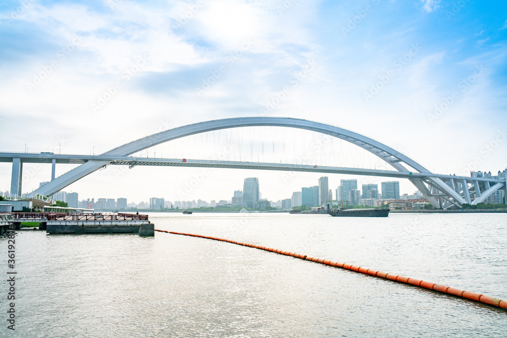 Panorama view of Lupu Bridge, on of the biggest bridge on Huangpu river, shot in Shanghai, China.