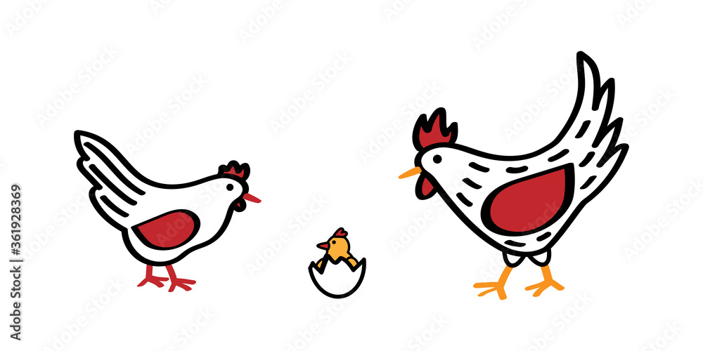 Cute vector hen and rooster watching to chicken hatching egg. Mother and father poultry standing near little newborn cockerel cracking his egg. Hand drawn funny illustration of baby bird