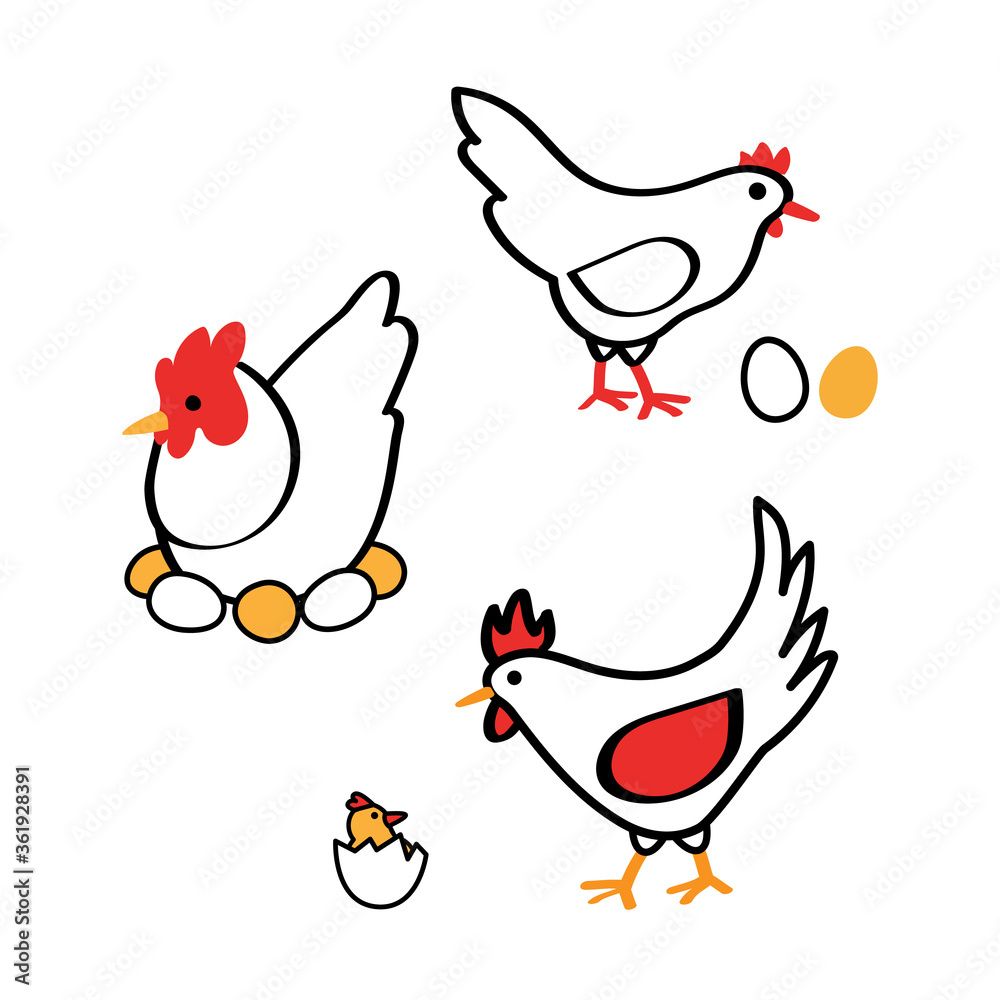 Obraz premium Set of isolated on white vector line icons - standing hen with eggs, rooster and chicken cracked from the egg, farm bird sitting on the nest. Cute hand drawn cartoon illustrations of poultry for logo 