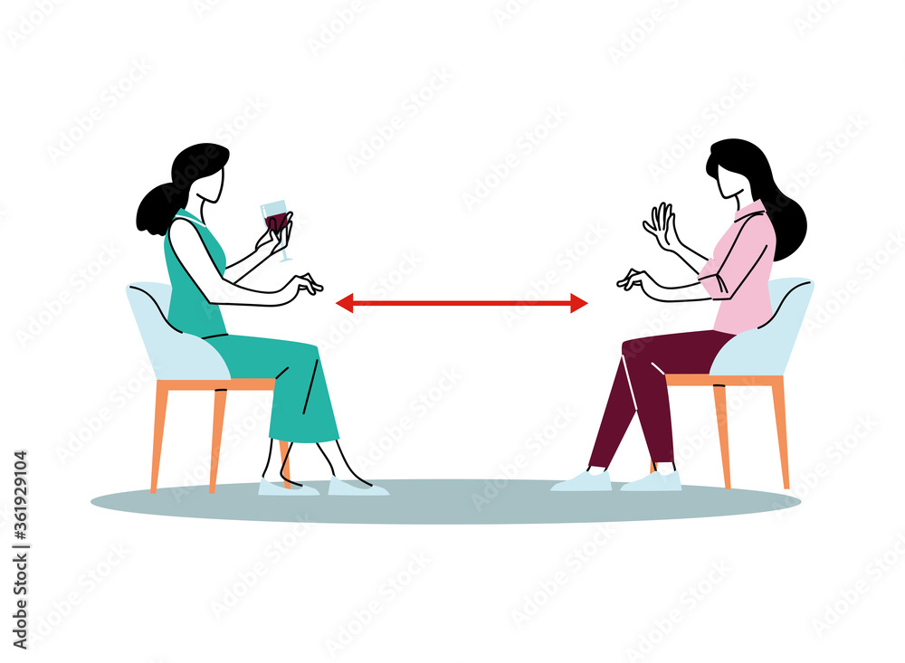 Social distancing between women on chairs vector design Social distancing between women on chairs vector design