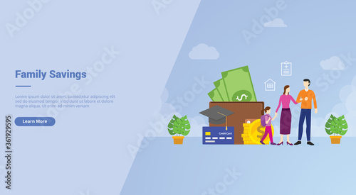 Family savings financial planing to medical insurance house education campaign for web website home homepage landing template banner with cartoon style