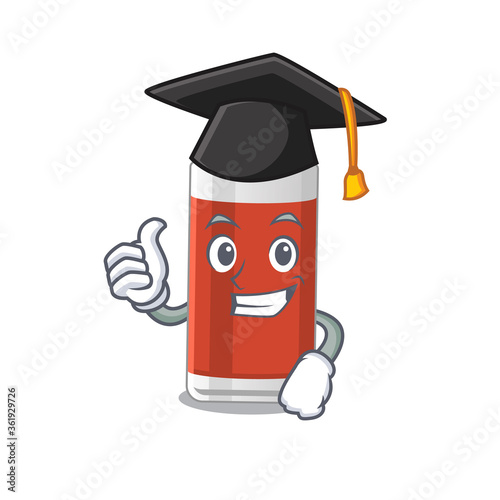 Glass of apple juice caricature picture design with hat for graduation ceremony