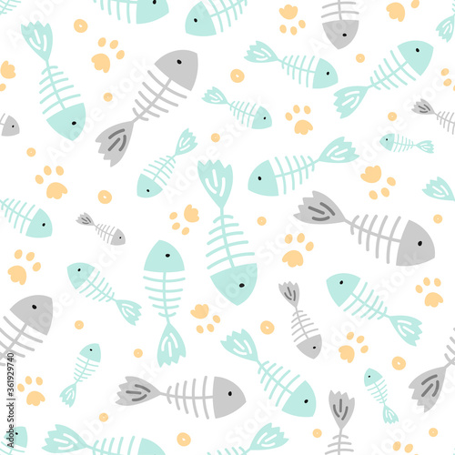 Hand drawn kid seamless pattern. Pastel gray and blue cute fish and cat paws footprints abstract texture background. Vector illustration for child print design, paper, fabric, decor, gift wrap