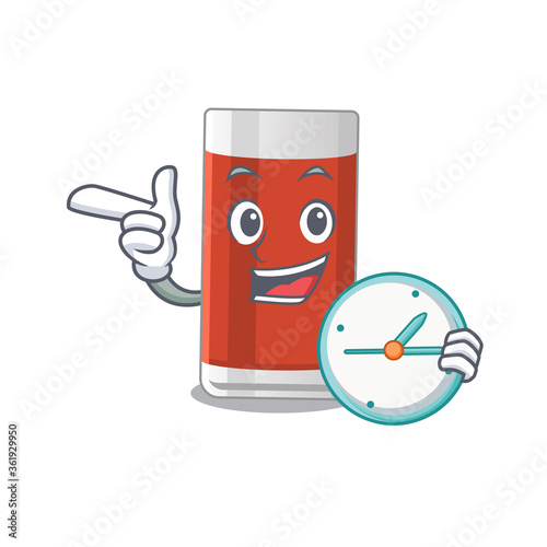 A picture of cheery glass of apple juice holding a clock