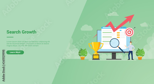 Man in front big screen search growth to achieve target campaign for web website home homepage landing template banner with cartoon style.