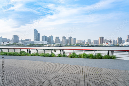 A deck along the Huangpu river, in expo park, in Shanghai, China.